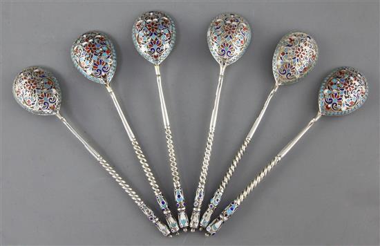 A set of six late 19th century Russian 84 zolotnik silver and cloisonne enamel spoons, 13.8cm.